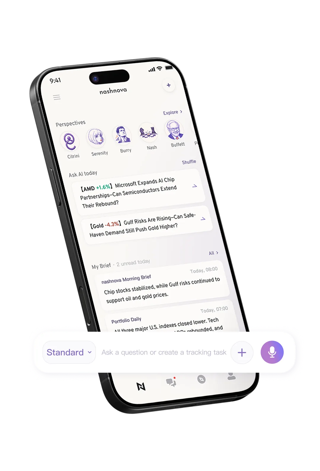 Nashnova home screen with questions, perspectives, and briefs